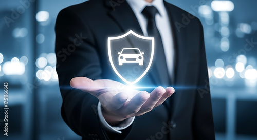 Businessman holding a glowing shield icon for car insurance, protection, and safety concept