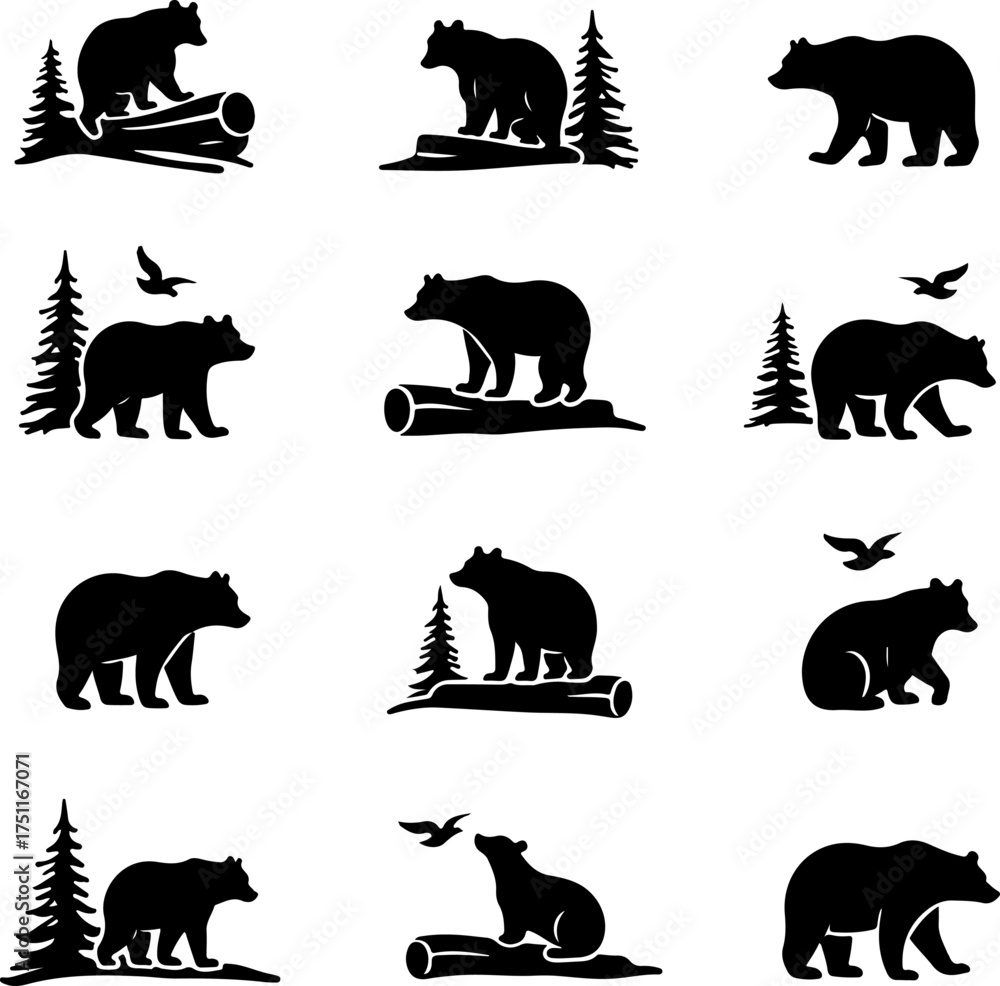 Fototapeta premium Bear Silhouette Bundle | Wild Forest Animal Vector Set