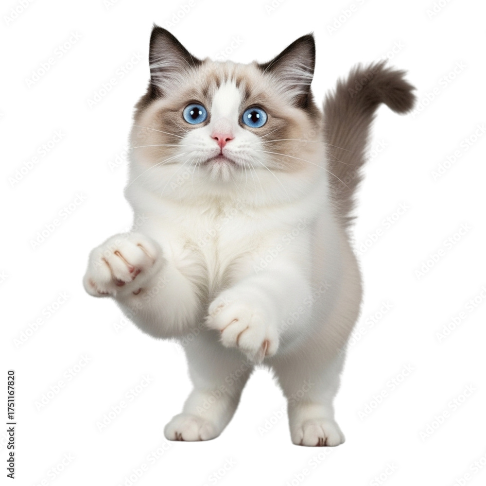 Obraz premium Playful ragdoll cat standing on hind legs with one paw raised
