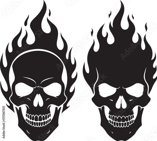 Two fiery skulls with flames emanating from their heads silhouette