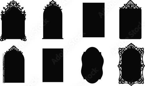 Ornate mirror silhouettes, decorative frames, vintage design, baroque style, antique mirror, oval frame, rectangular frame, interior decor, furniture, wall art