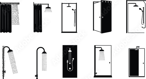 Shower icons, bathroom fixtures, plumbing design, shower stall, showerhead, water flow, modern shower, sanitary ware, restroom equipment, hygiene, interior design