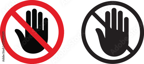 Set stop red and black sign icon with hands vector sets. Stop warning sign. Danger prohibition symbol. Restricted area illustration.