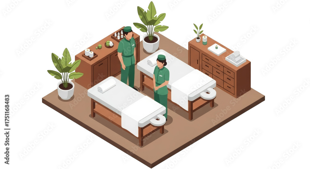 Fototapeta premium Massage therapy room with two therapists and beds isolated on a transparent background image