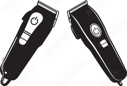 Two black electric hair clippers facing each other in a simple silhouette style