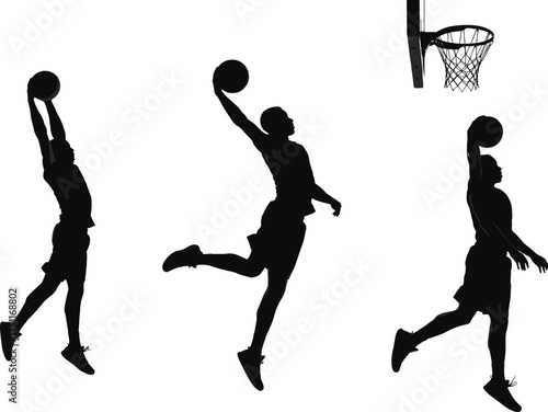 Basketball, player, silhouette, dunk, slam, jump, sport, athlete, action, motion, ball, hoop, game, competition, exercise, fitness, lifestyle, performance, energy, training, illustration