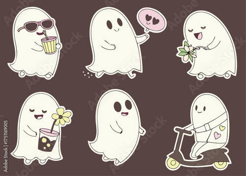 Cute Ghost Sticker Set with Different Activities and Expressions for Halloween or Fun Designs