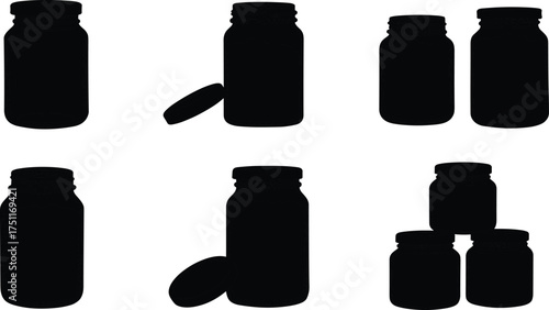 Silhouette bottles, cosmetic containers, pump dispenser, screw cap, packaging design, black vector icons, household product shapes, beverage oil container illustration