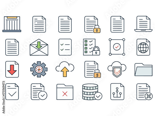 Set of Data Management and File Format Icons for Business and Technology Applications representing a diverse collection of file related actions