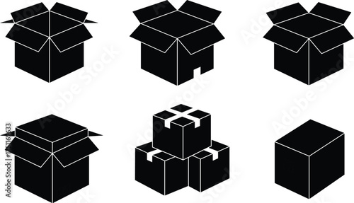 Silhouette boxes, open packaging, closed carton, stacked boxes, shipping container, black vector icons, storage design, cardboard package illustration, delivery symbol