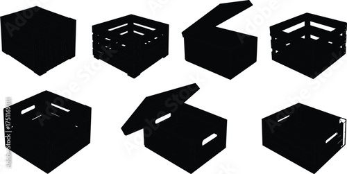 Silhouette crates, wooden boxes, storage containers, shipping packaging, open crate, closed box, black vector icons, delivery design, warehouse container illustration