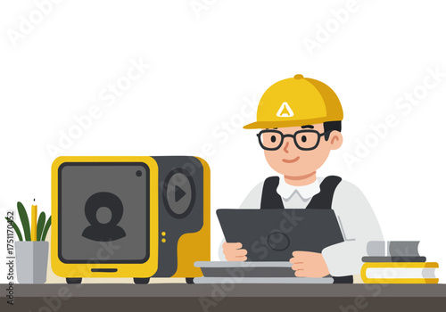 A friendly engineer works on a computer, showcasing a modern LMM Hub interface. Bright colors and a clean design create a professional and inviting image.