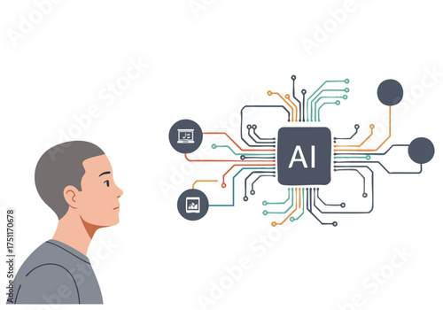 A man observes an AI interface, represented by a complex circuit board design. The image conveys oversight and technological integration. Modern, digital, and conceptual.