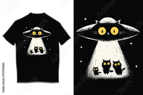 Whimsical black cat alien abduction ufo t-shirt design featuring adorable felines being beam up by spaceship