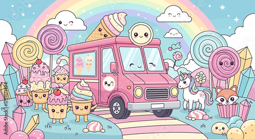 Whimsical Pastel Ice Cream Truck in Sweet Dreamland