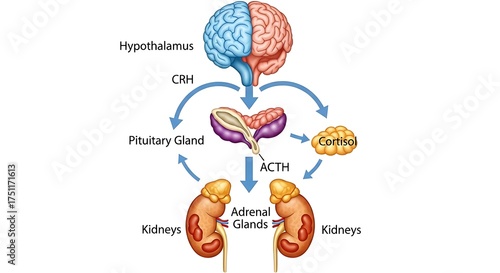 Hormonal Regulation - Hypothalamus, Pituitary, Adrenal Glands Axis Illustration.