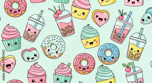 Cute Kawaii Desserts and Drinks Seamless Pattern Background