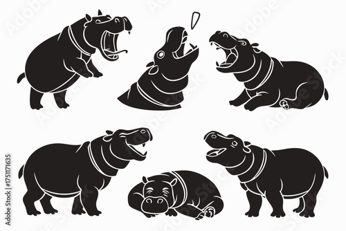 Cute baby hippo icon set minimalist design