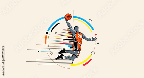 Dynamic Basketball Player Mid-Air Slam Dunk with Artistic Graphic Elements
