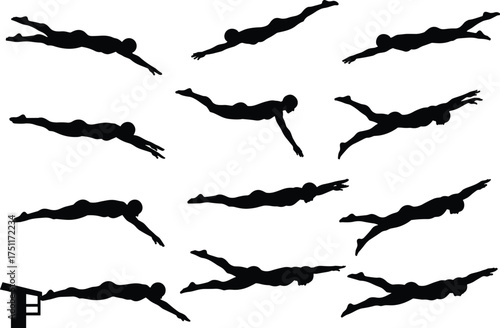 Diving, diver, silhouette, sequence, sport, athlete, jump, water, platform, action, motion, performance, training, fitness, lifestyle, technique, energy, aquatic, competition, illustration