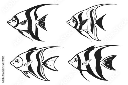 Eight minimalist angelfish icons in black and white