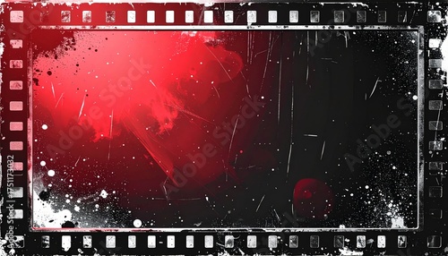 Grungy film strip frame with red splatters and scratches