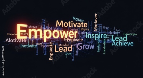 A glowing word cloud with the words 'Empower', 'Motivate', 'Inspire', 'Lead', 'Grow' and 'Achieve' in various colors and orientations.