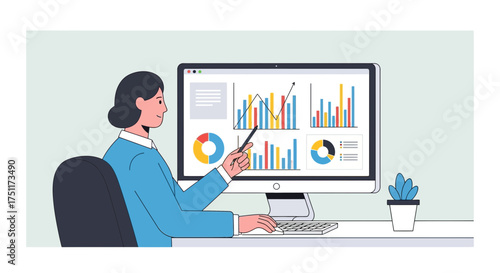 Female professional analyzing comprehensive business data and financial insights on a modern computer screen, presenting interactive charts and graphs for strategic decision-making