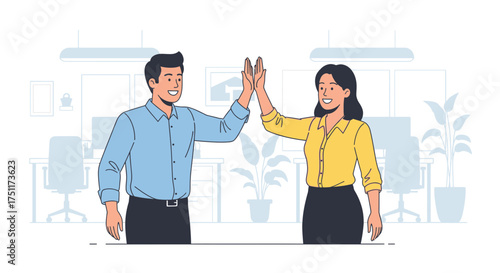 Two colleagues giving each other a high five, celebrating success in the workplace