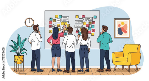 Creative business colleagues engaged in a collaborative workshop, organizing tasks and ideas on a large scrum board for project management