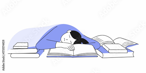 Student asleep with head on books, tired from studying, educational concept artwork