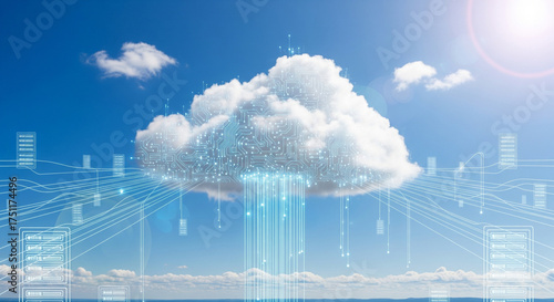 Abstract visualization of big data transfer and secure cloud storage technology with information flowing from a digital cloud