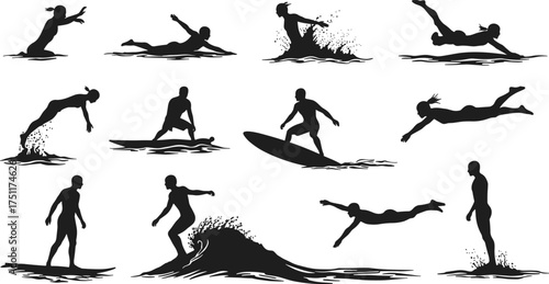Surfing silhouettes, diving poses, water sports action, extreme athletes, ocean waves, summer adventure, beach lifestyle, dynamic movement, black figures, isolated icons