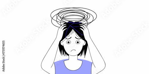 Stressed Anxious Person with Tangled Thoughts Over Head Flat Style Vector Illustration