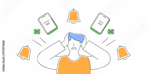 Person stressed by Notifications with ringing bells flat style Vector illustration