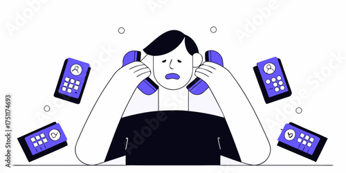 Overwhelmed with Too Many Calls Flat Style Vector Illustration depicting busy worker