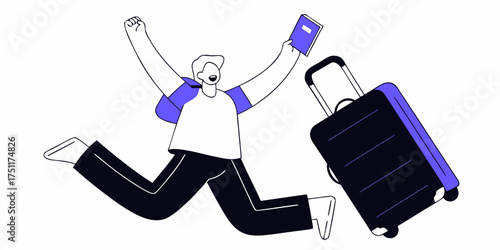 Excited traveler Jumping man with suitcase and passport, happy trip, Isolated illustration