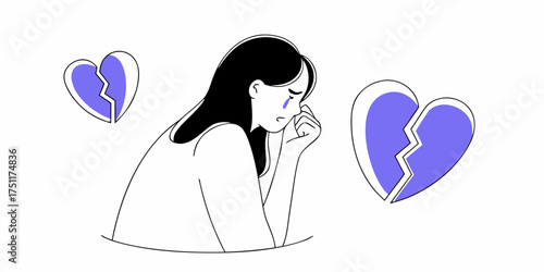 Heartbreak Sadness A woman feeling down with broken hearts around her, isolated illustration