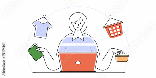 Woman multitasking behind laptop juggling household chores concept illustration