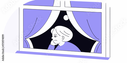 Pensive Woman Staring out Window During Night, Reflecting on Overthinking Worry