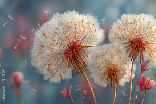 Vector spring background with white dandelions and soft breeze — floral seasonal illustration design