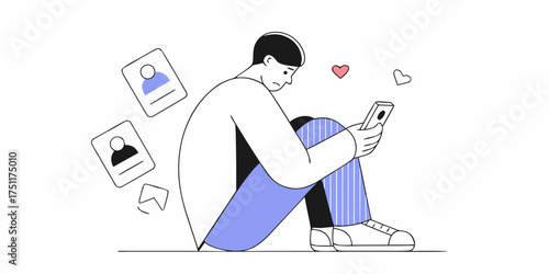 Social Media Addiction Illustration Man Depressed Phone Profiles Likes Icon