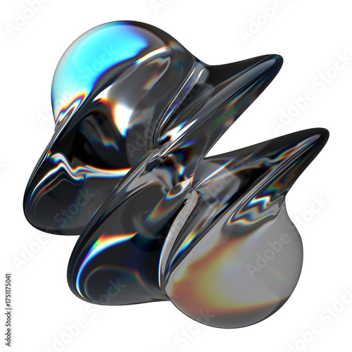 Abstract iridescent glass sculpture with fluid shapes on white background.