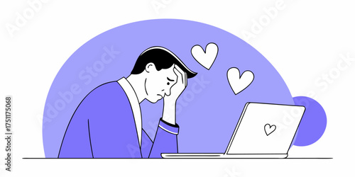 Digital Dating Disappointment Young Man With Laptop and Hearts