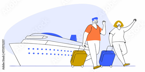 Happy Couple About to Travel by Sea on Cruise Ship with Luggage Illustration vector art