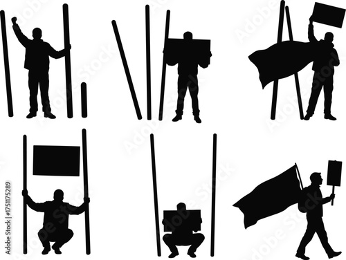 Protest silhouette, activist demonstration, political rally, social movement, flag and sign holding, dissent expression, urban crowd illustration