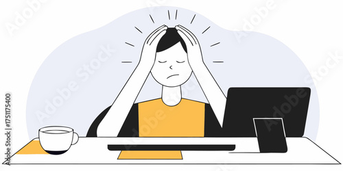 Stressed person holding their head sitting at the desk with laptop and coffee