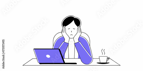 Stressed Out Worker at Desk Vector Illustration Showing Overwork, Anxiety, Depression