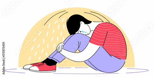 Lonely Young Girl Hugging Knees Feeling Worried with Tears Sitting Down