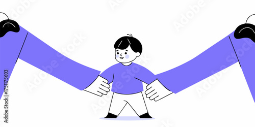Long Armed Figure Hugging a Little Boy Vector Illustration in Modern Flat Style